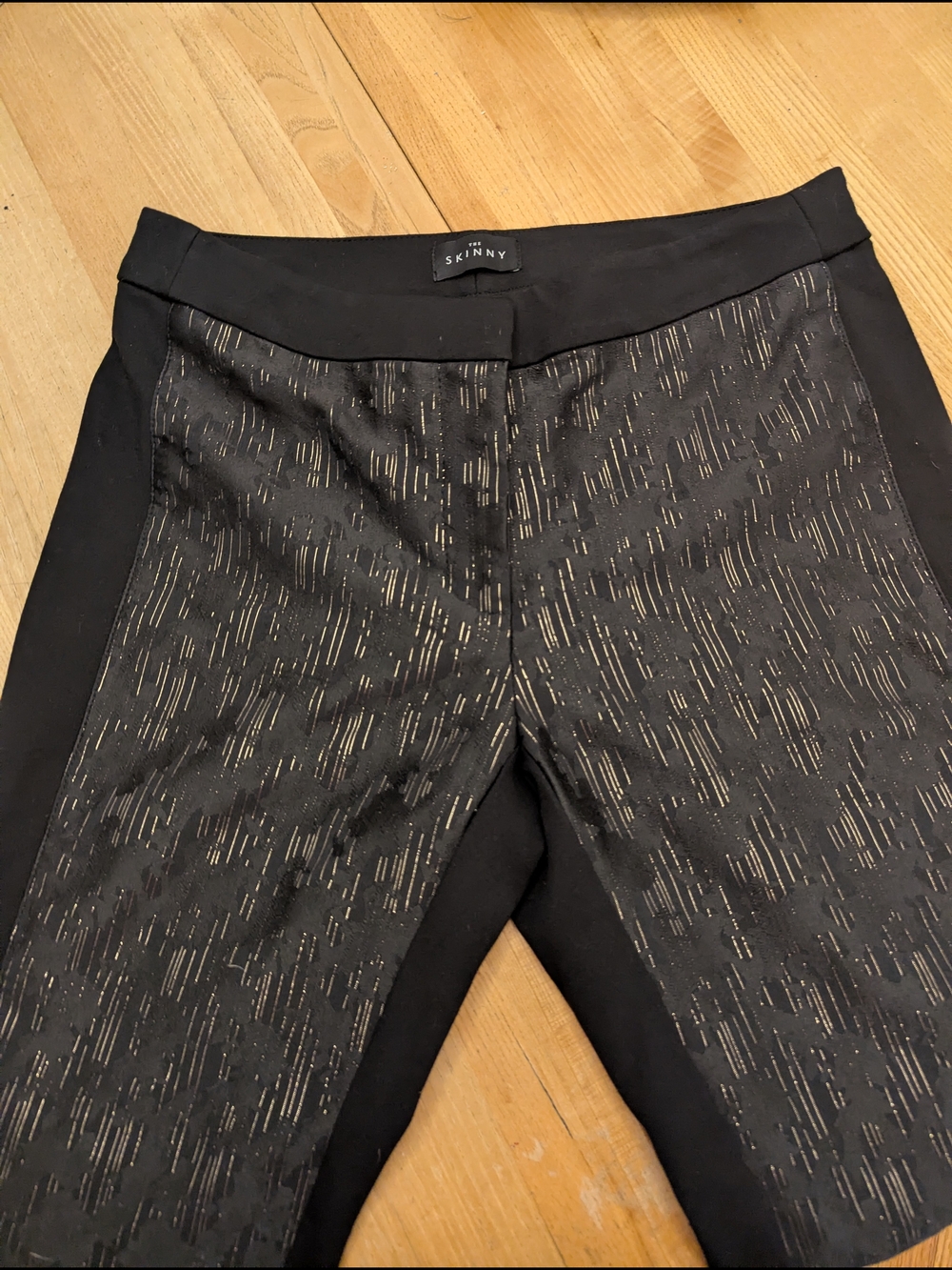 Skinny Black Straight-Leg Pants with Metallic Gold Accent